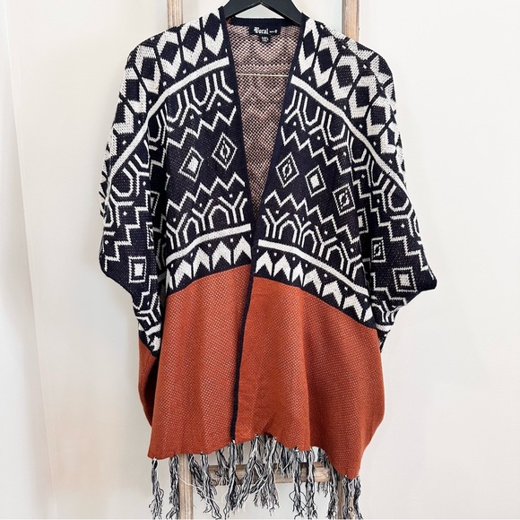 Vocal Geometric Wool Blend Open Blanket Cardigan Fringe L/XL - Picture 1 of 12